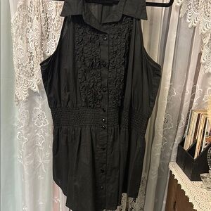 Ashley Stewart Black Woven Cotton Racer Style Blouse Sz 3X